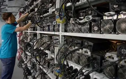A modern mining farm showcasing rows of mining machines in a controlled environment.