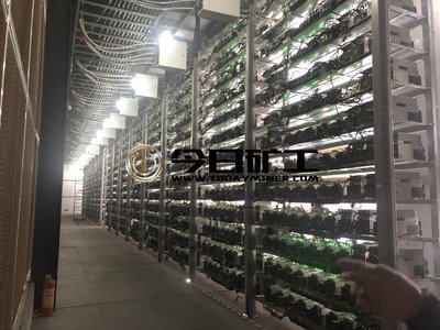 A vast mining farm showcasing rows of miners working round the clock in synchronized harmony